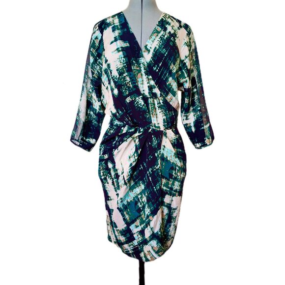 POLECI 100% Silk Abstract Print Surplice Faux Wrap Knee Length Dress, Fits 6/8 - Picture 1 of 12